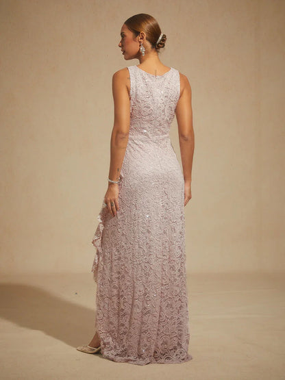 Lace Sequin Maxi Dress with Ruffle Detail