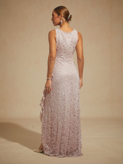 Lace Sequin Maxi Dress with Ruffle Detail