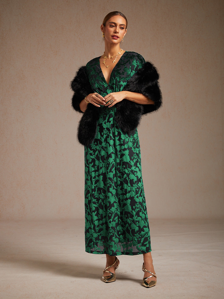 V-Neck Velvet Floral Maxi Dress