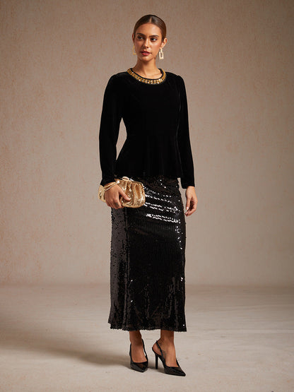 Elegant Stretch Velvet Peplum Blouse with Rhinestone Details