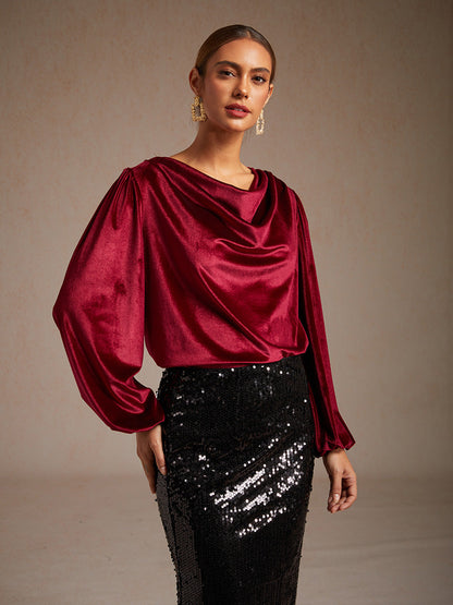 Elegant Stretch Velvet Blouse with Cowl Collar
