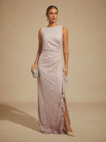 Lace Sequin Maxi Dress with Ruffle Detail