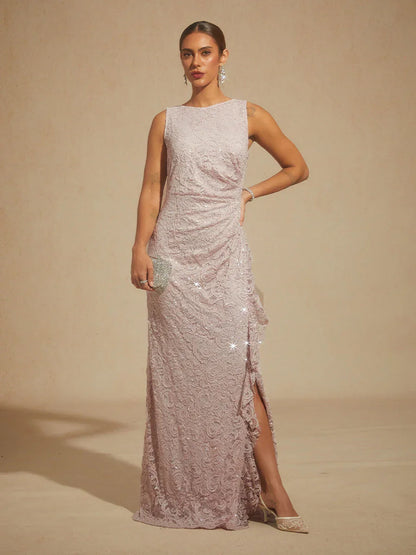 Lace Sequin Maxi Dress with Ruffle Detail