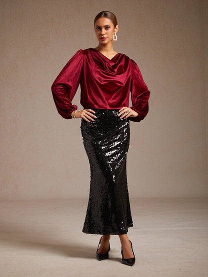Elegant Stretch Velvet Blouse with Cowl Collar