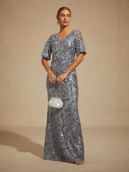 V-Neck Sequin Embroidered Cold Shoulder Evening Dress
