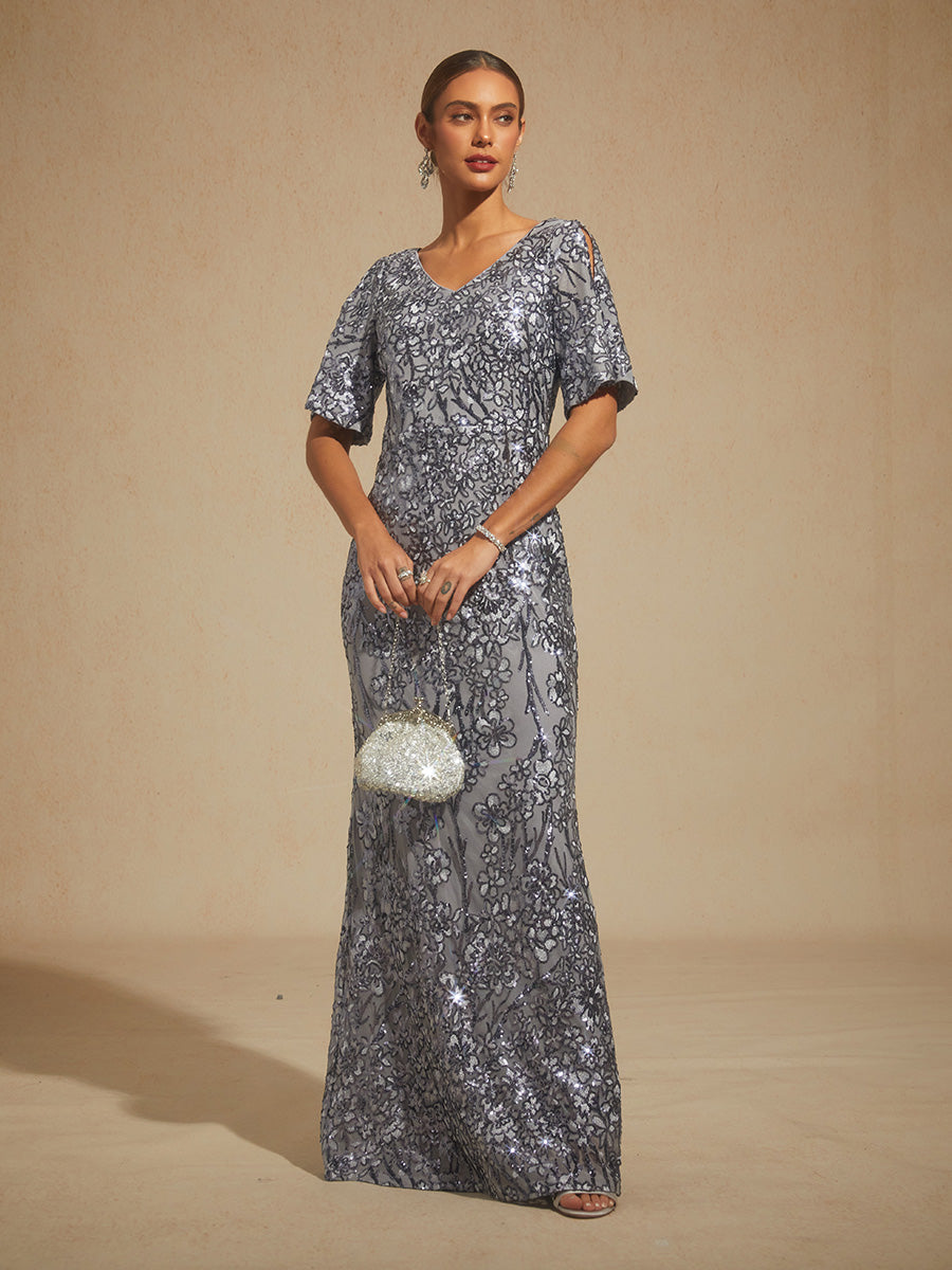 V-Neck Sequin Embroidered Cold Shoulder Evening Dress