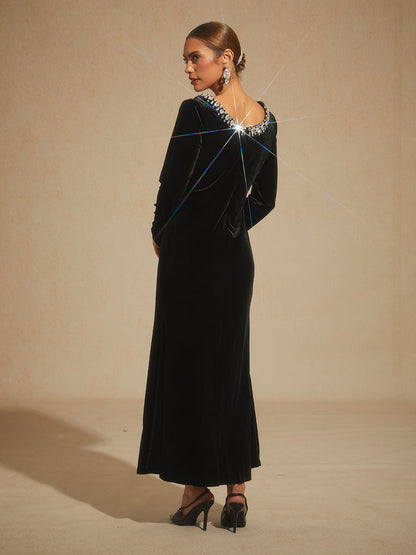 Stretch Velvet Evening Gown with Rhinestone Embellished