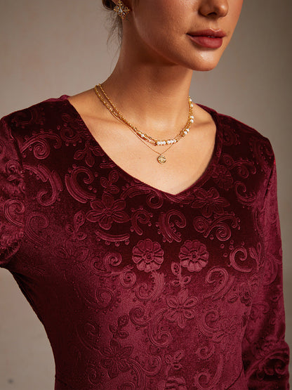 Velvet Midi Dress with Embossed Paisley Pattern