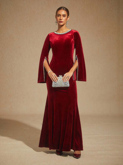 Velvet Evening Gown with Beaded Trim Detail