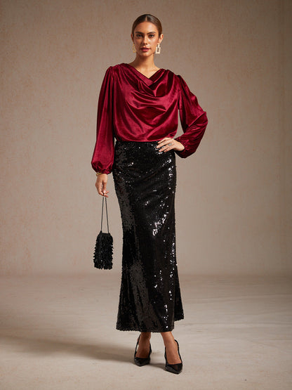 Elegant Stretch Velvet Blouse with Cowl Collar