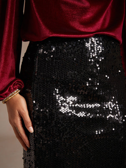 Sequin Mermaid Skirt with Elastic Waist and Lining