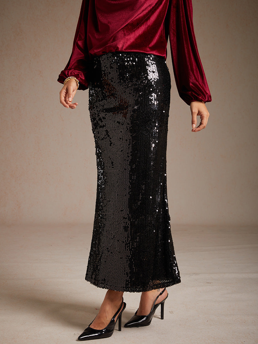 Sequin Mermaid Skirt with Elastic Waist and Lining