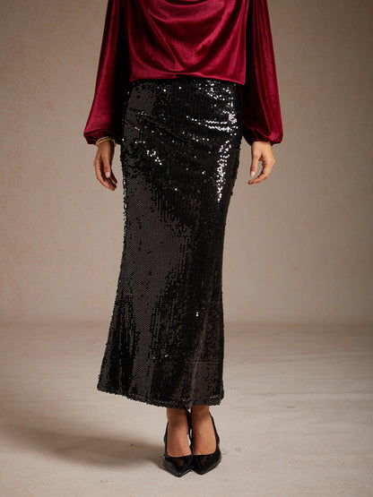 Sequin Mermaid Skirt with Elastic Waist and Lining