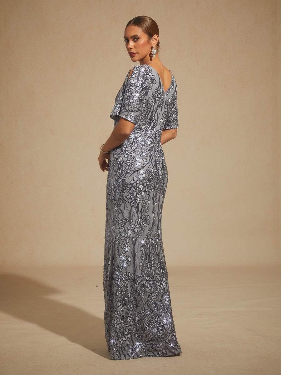 V-Neck Sequin Embroidered Cold Shoulder Evening Dress