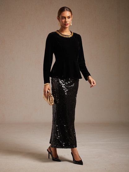 Elegant Stretch Velvet Peplum Blouse with Rhinestone Details