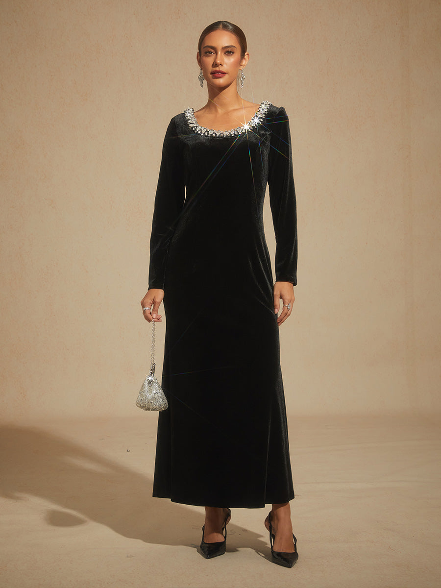Stretch Velvet Evening Gown with Rhinestone Embellished