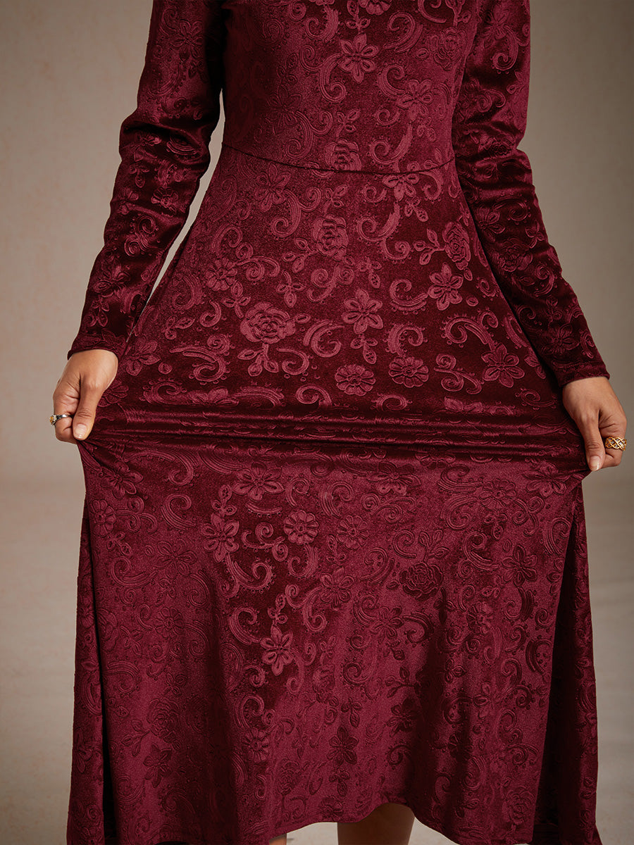 Velvet Midi Dress with Embossed Paisley Pattern