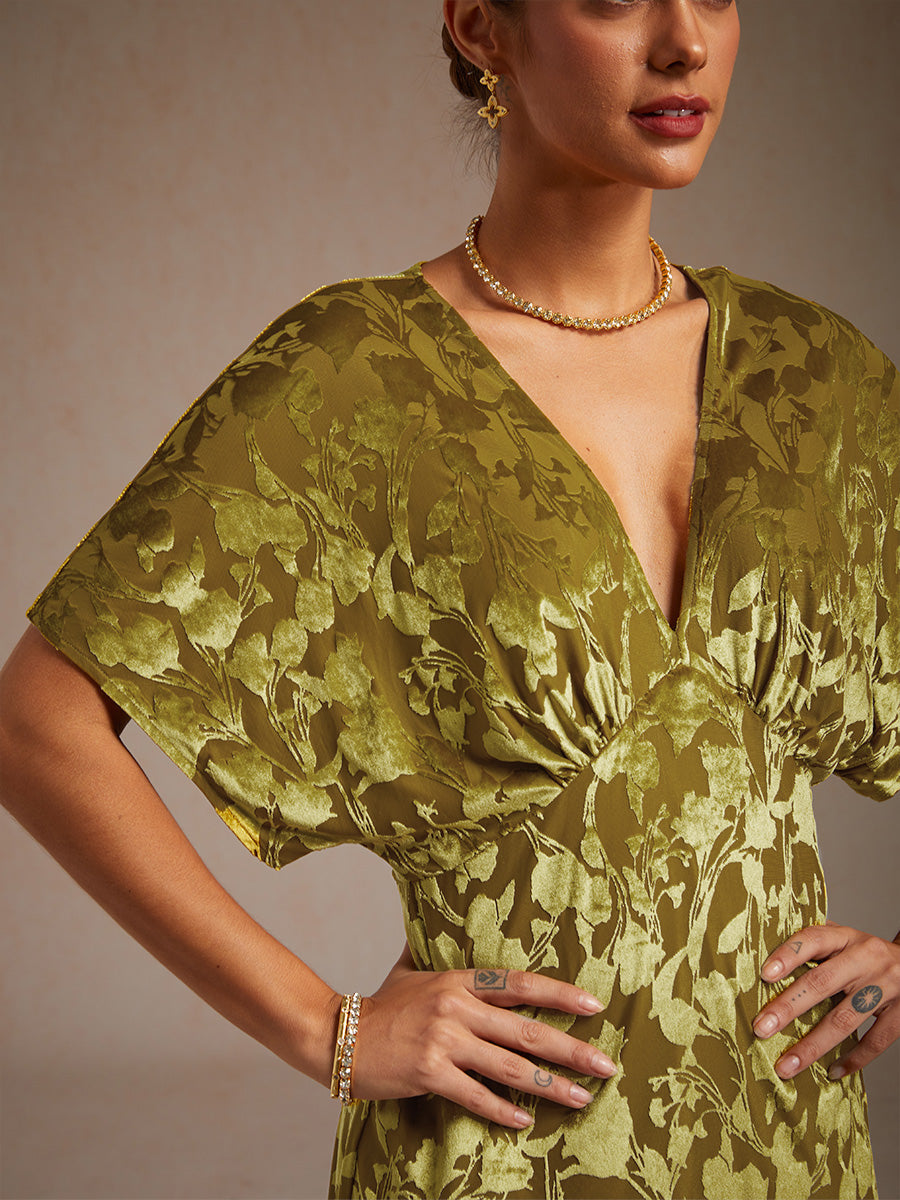 V-Neck Velvet Floral Maxi Dress