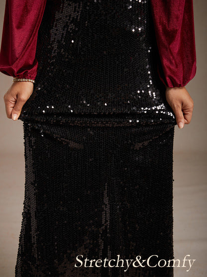 Sequin Mermaid Skirt with Elastic Waist and Lining