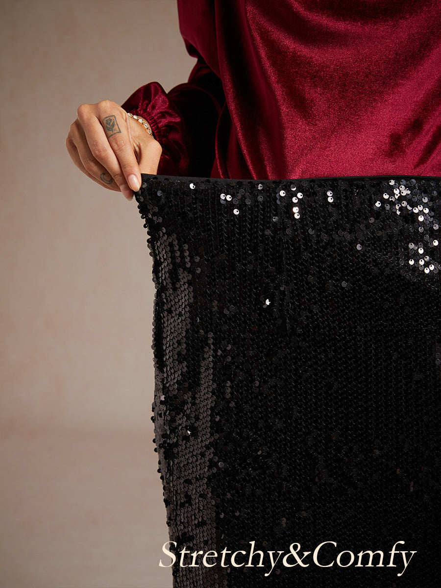 Sequin Mermaid Skirt with Elastic Waist and Lining