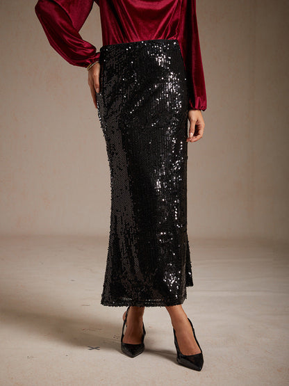 Sequin Mermaid Skirt with Elastic Waist and Lining