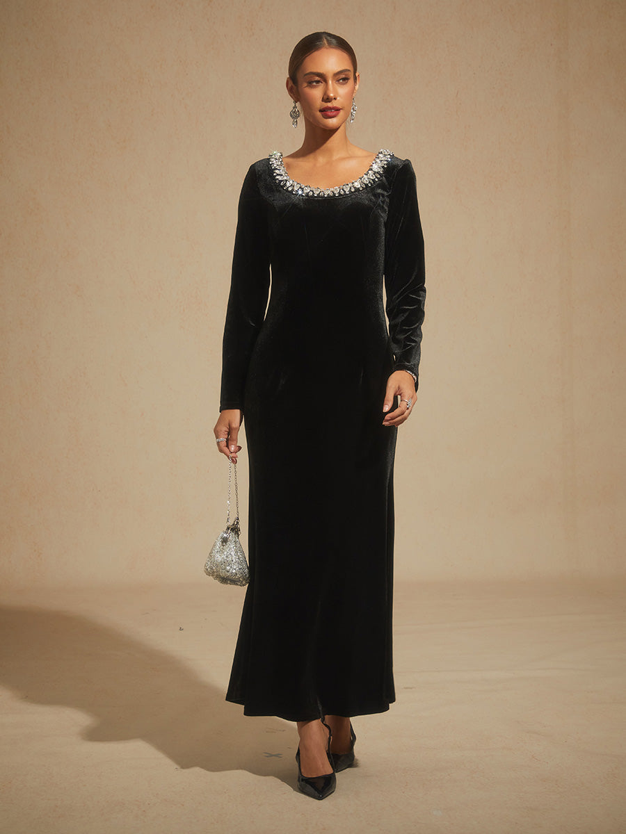 Stretch Velvet Evening Gown with Rhinestone Embellished