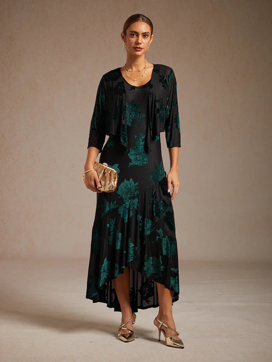 Velvet Floral Evening Gown with Asymmetrical Hem