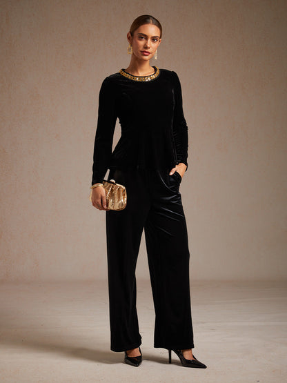 Elegant Stretch Velvet Peplum Blouse with Rhinestone Details