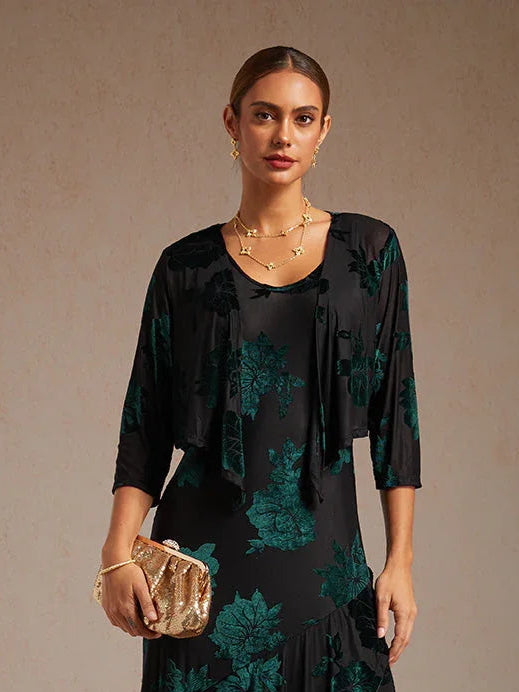 Floral Stretch Velvet 3/4 Sleeve Shrug