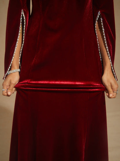 Velvet Evening Gown with Beaded Trim Detail