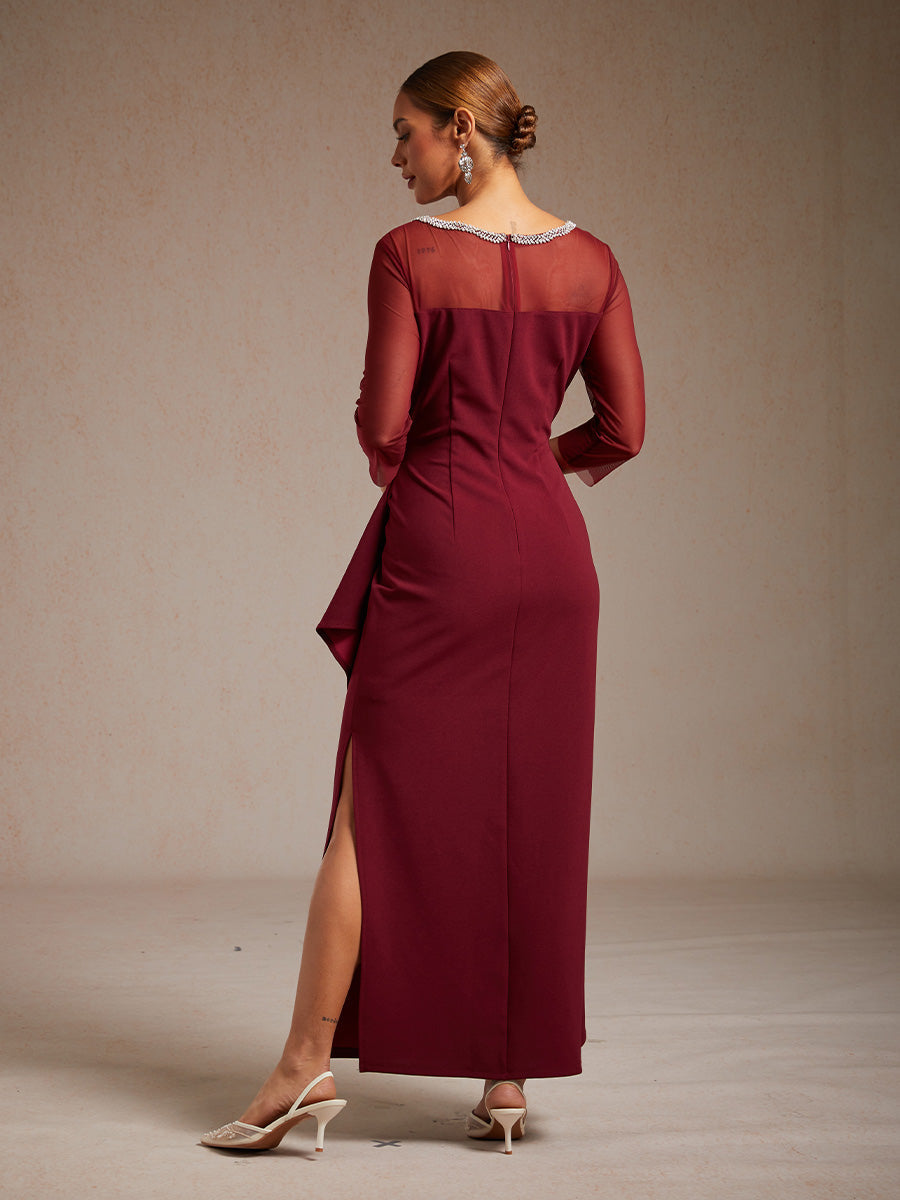3 4 Sleeve Evening Gown Sheer Tulle Asymmetric Beaded Slimming Dress Olive Navy Blue Wedding Glamorous Fancy Modest Classic Over 50, Wine / XL 3 4 Sleeve Evening Gown Sheer Tulle Asymmetric Beaded Slimming Dress Olive Navy Blue Wedding Glamorous Fancy Modest Classic Over 50, Wine / XL