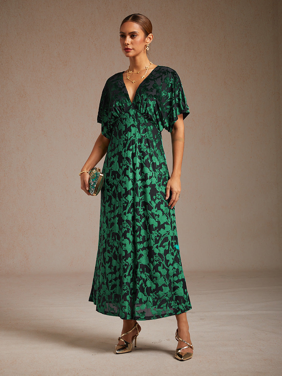 V-Neck Velvet Floral Maxi Dress
