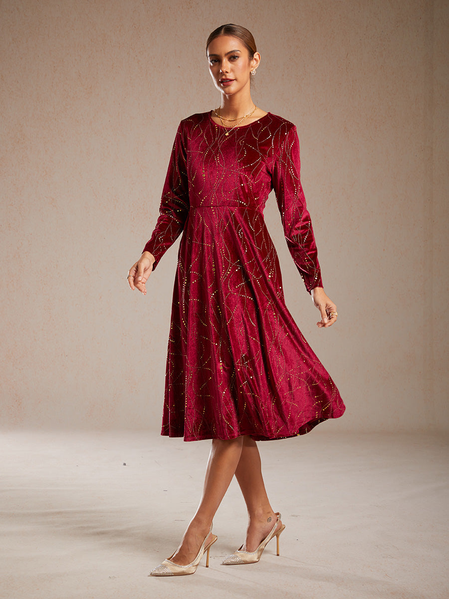 Velvet A-Line Dress Gold Foil with Pockets