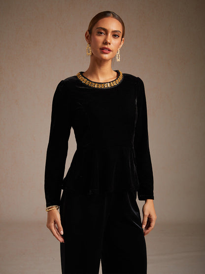 Elegant Stretch Velvet Peplum Blouse with Rhinestone Details