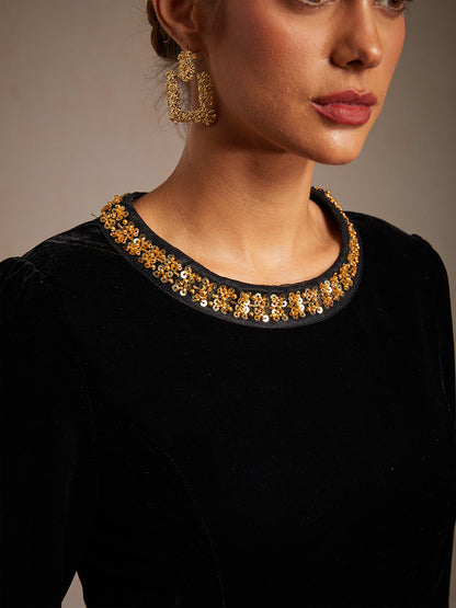 Elegant Stretch Velvet Peplum Blouse with Rhinestone Details