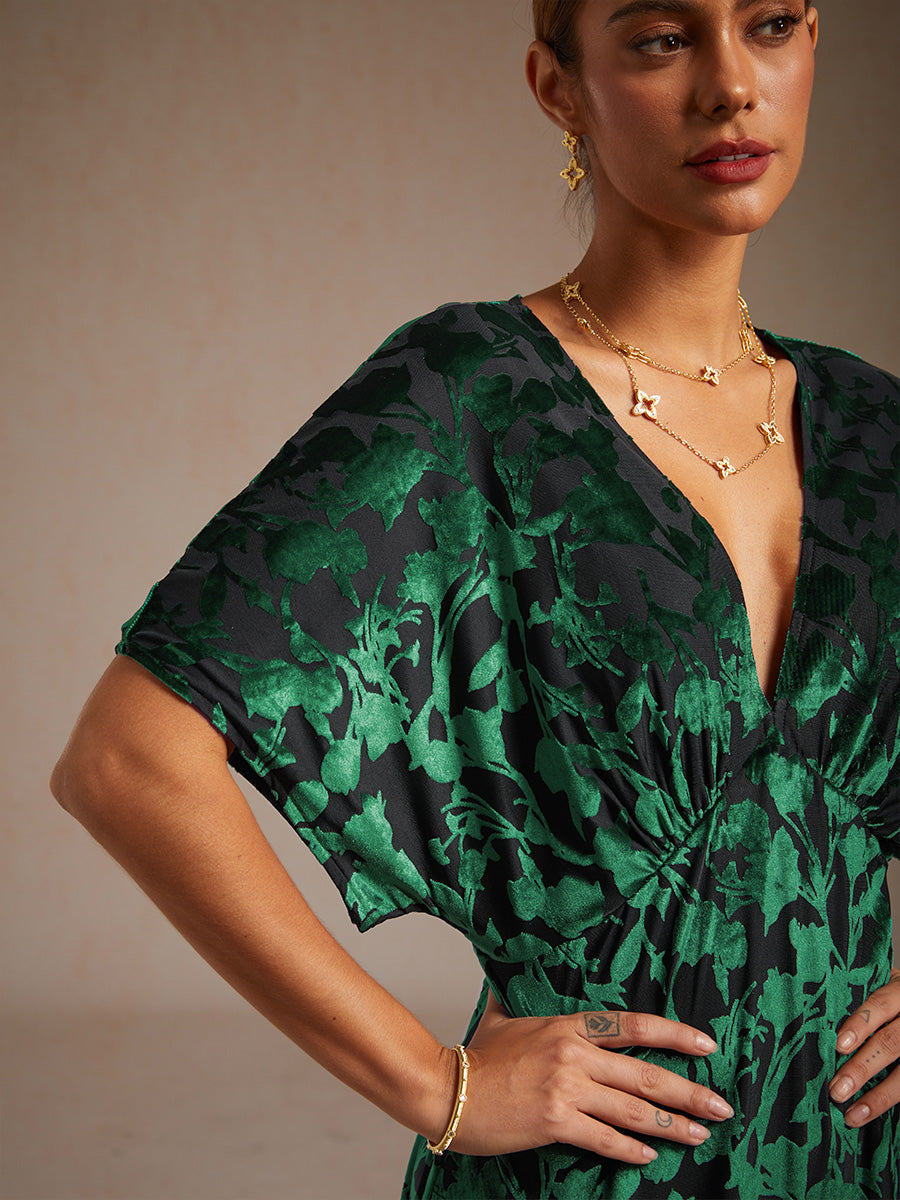 V-Neck Velvet Floral Maxi Dress