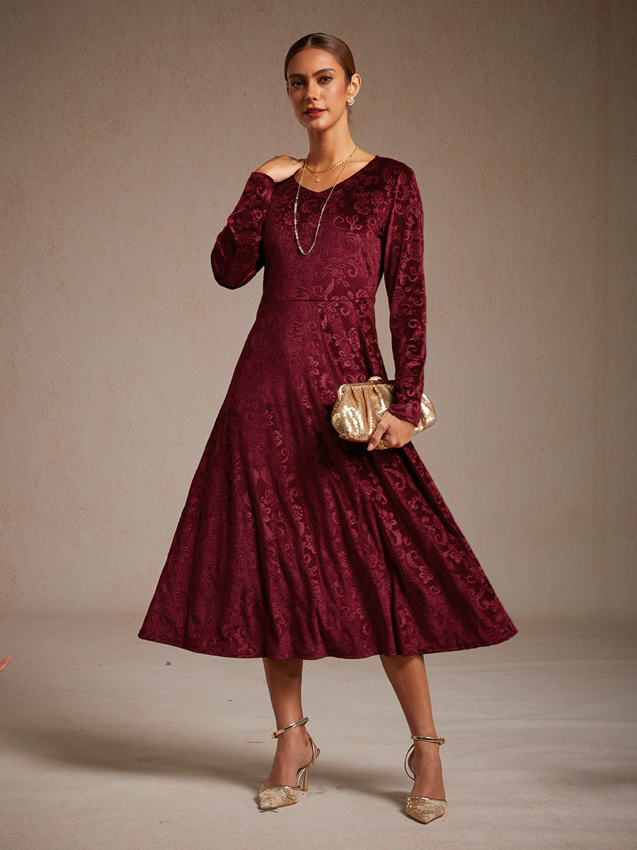 Velvet Midi Dress with Embossed Paisley Pattern