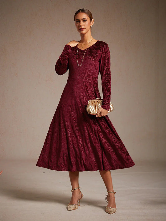Velvet Midi Dress with Embossed Paisley Pattern