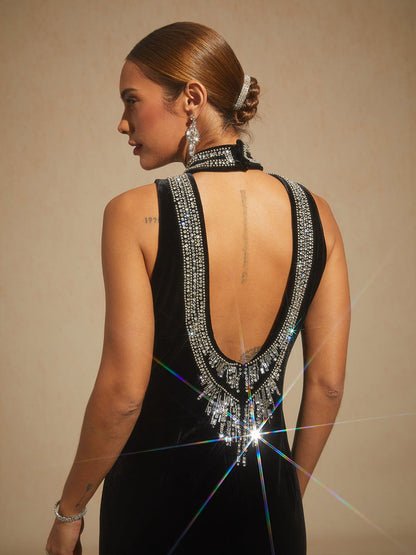Backless Beaded Stretch Velvet Evening Gown