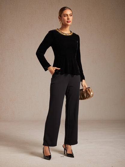 Elegant Stretch Velvet Peplum Blouse with Rhinestone Details