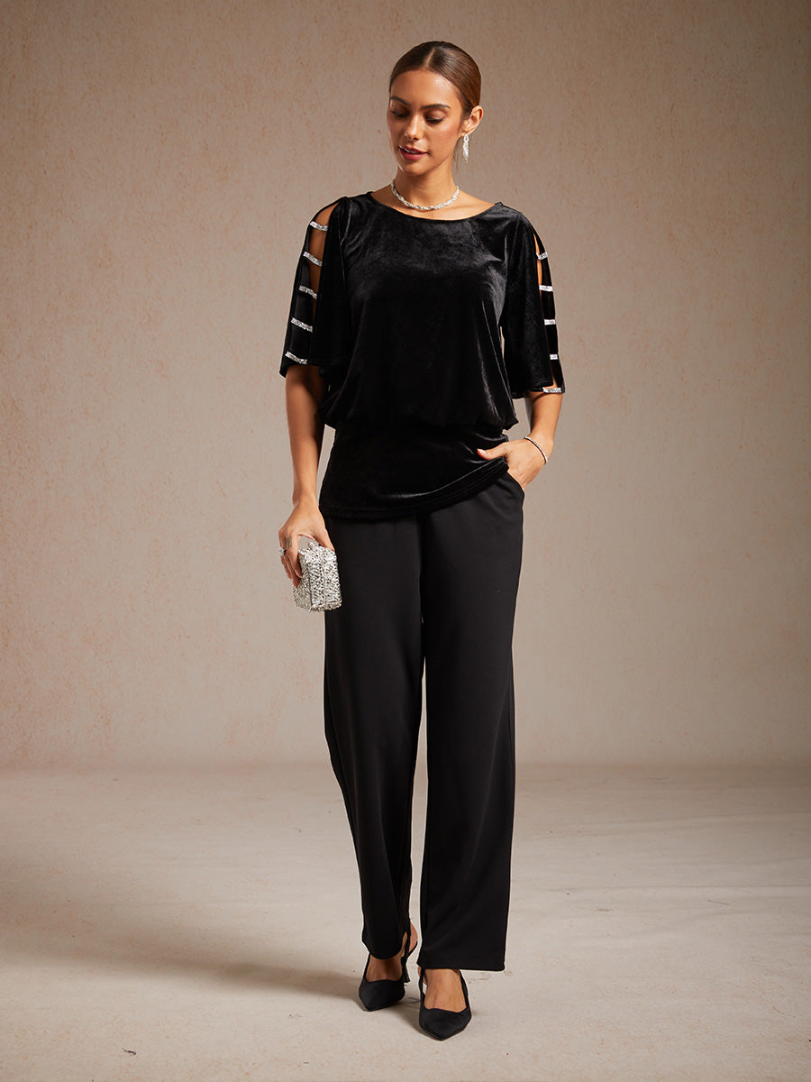 Embellished Cold Shoulder Blouse with Rhinestone Detail