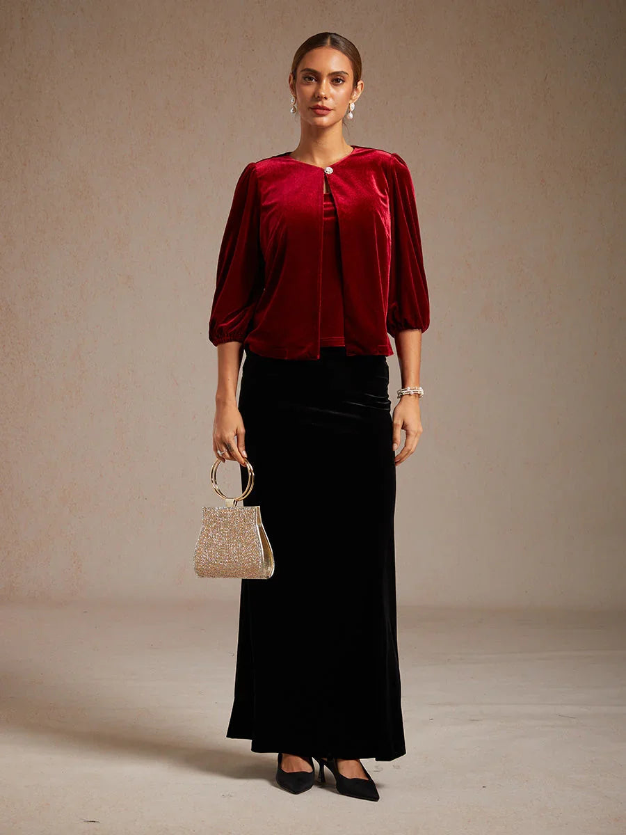 Velvet Puff Sleeves Twinset with Embellished Neckline Closure