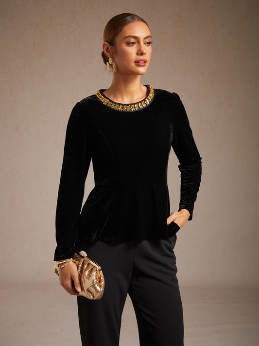 Elegant Stretch Velvet Peplum Blouse with Rhinestone Details