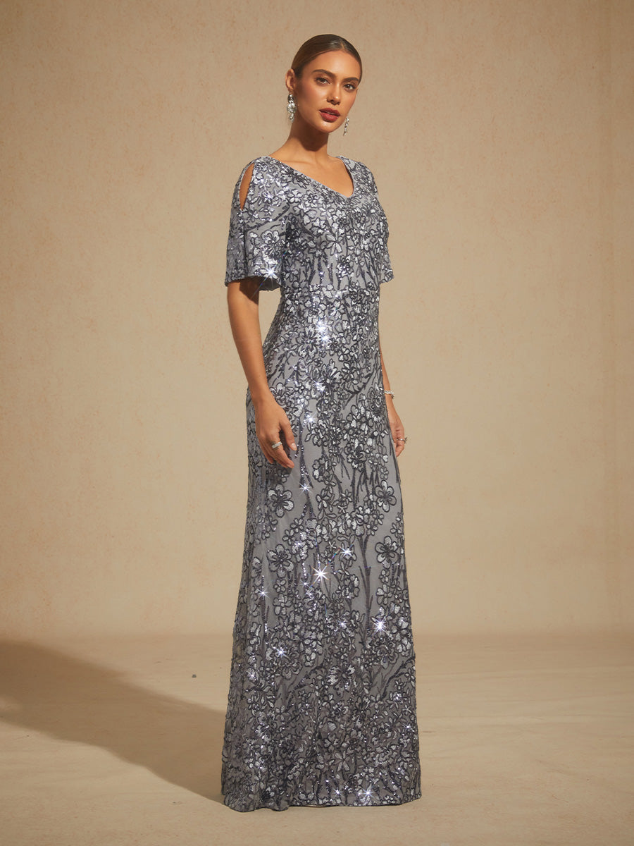 V-Neck Sequin Embroidered Cold Shoulder Evening Dress
