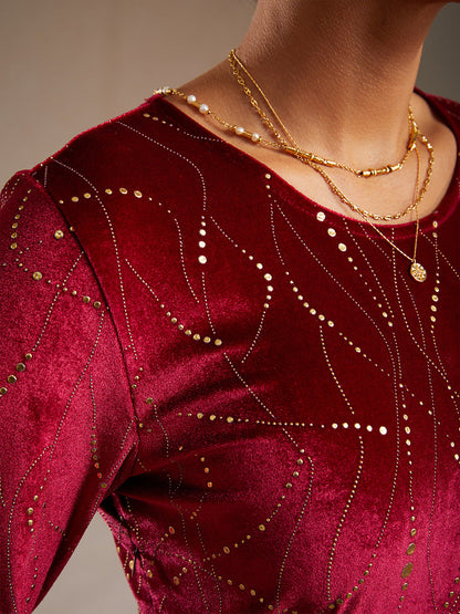 Velvet A-Line Dress Gold Foil with Pockets