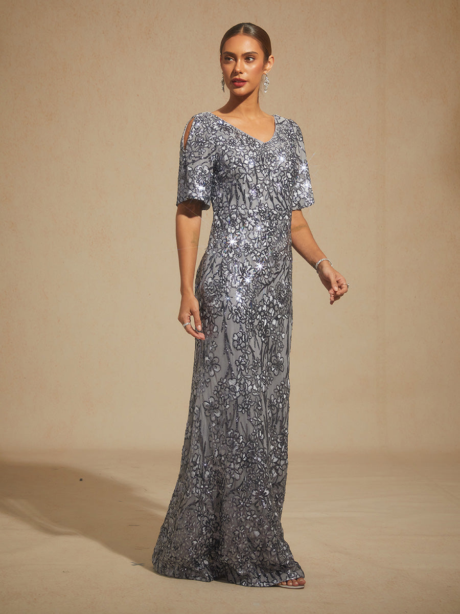 V-Neck Sequin Embroidered Cold Shoulder Evening Dress