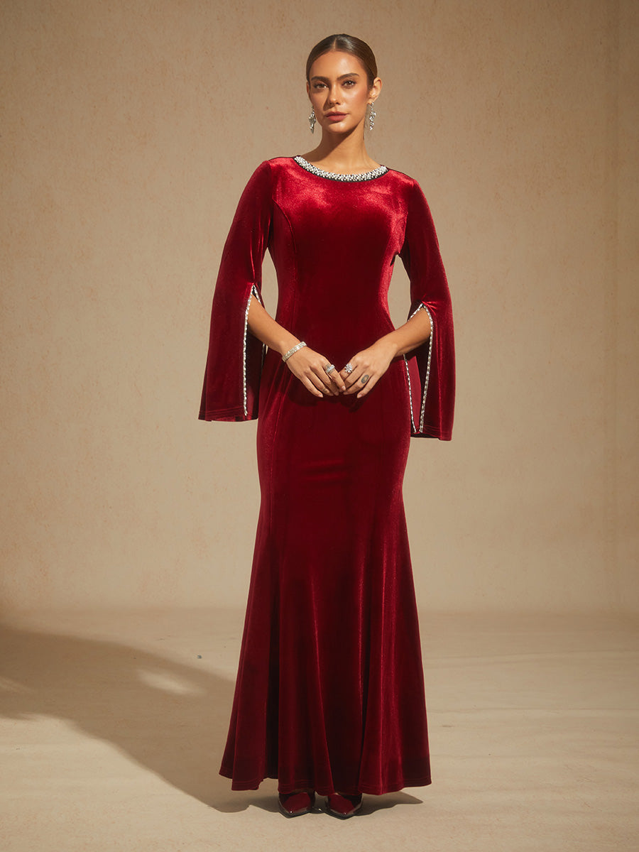 Velvet Evening Gown with Beaded Trim Detail
