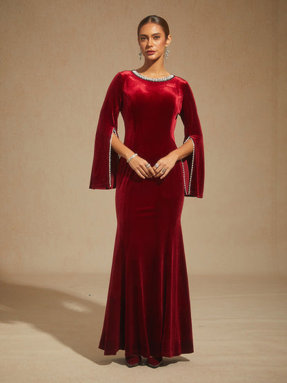 Velvet Evening Gown with Beaded Trim Detail
