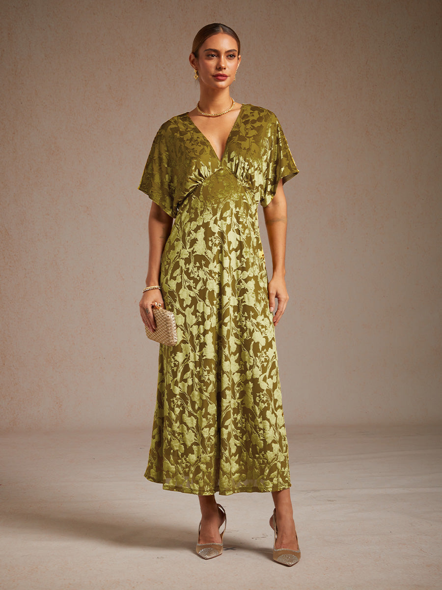 V-Neck Velvet Floral Maxi Dress