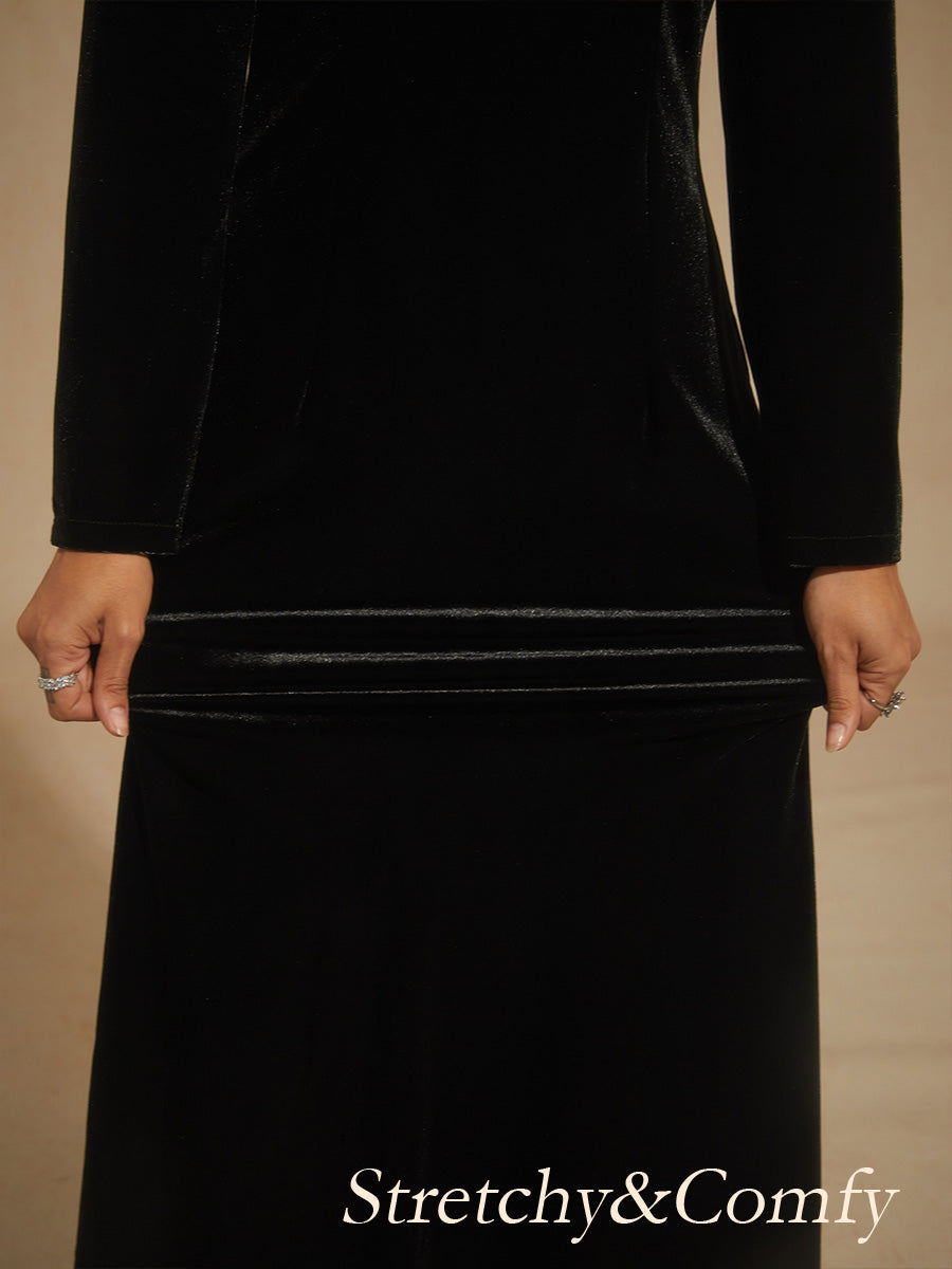 Stretch Velvet Evening Gown with Rhinestone Embellished